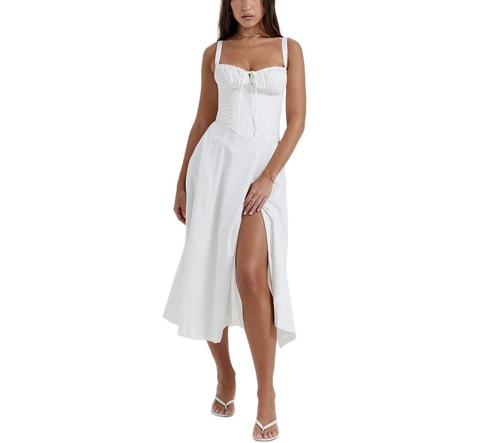 Ladies midi dress – A-line fit – Sleeveless – Floral print – Bow at bustline