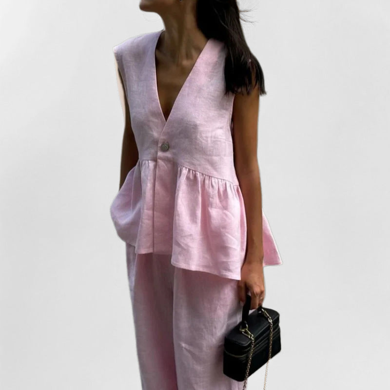 Women's Suit Set – Linen Look – V-Neck Sleeveless Gilet – High Waist Wide Legs