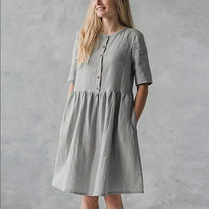 Women's Midi Dress – Relaxed Fit – Breathable Fabric – Button Closure – With Pockets