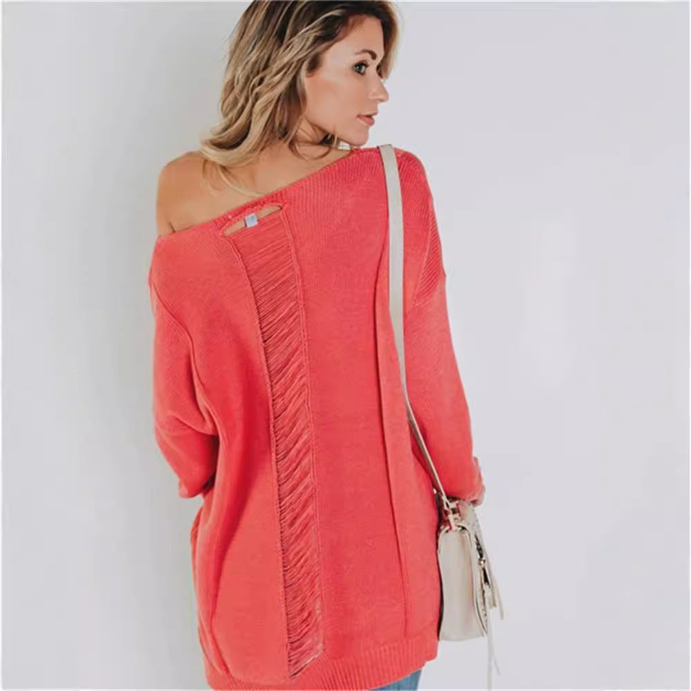 Ladies Sweater – Oversized Fit – V-neck – Knitted Wool – Front Pocket Ribbed Hem