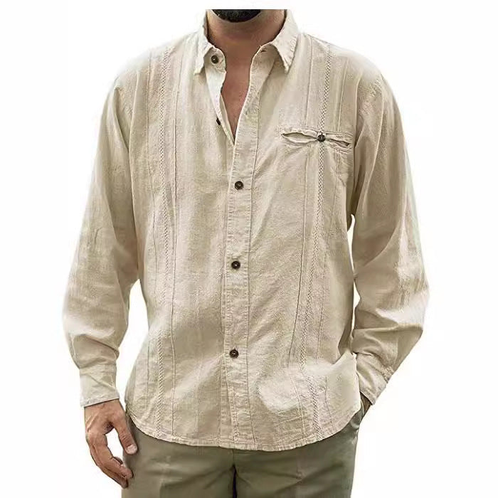 Men's Shirt – Relaxed Fit – Long Sleeve – Breathable Natural Fabric – Front Buttons – Chest Pocket