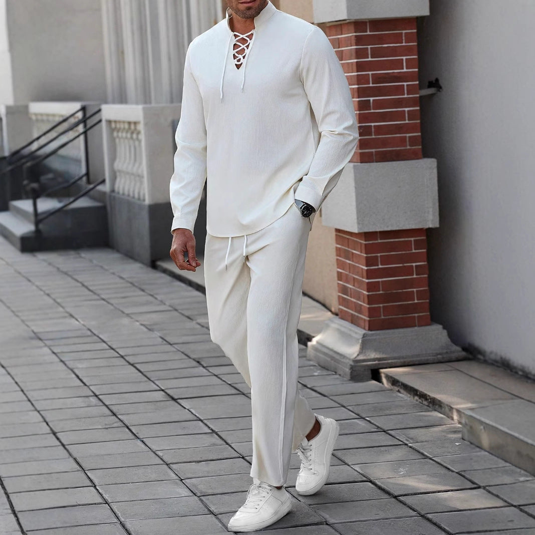 Men's Henley Shirt – Natural Fabrics – Relaxed Fit – Lace-up Closure – Band Collar