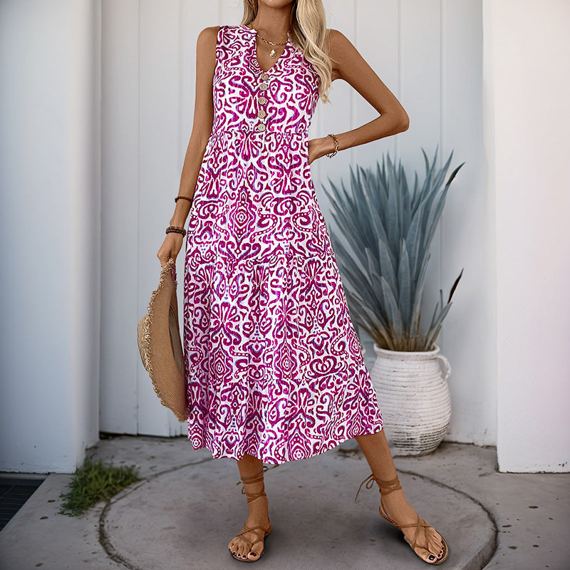 Women's Midi Dress – V-Neck – A-line – Cotton – Front Buttons – Airy and Comfortable