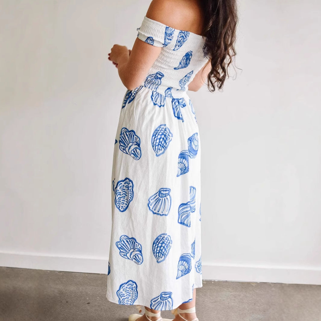 Women's Off-Shoulder Dress – Smock Top – Cotton Blend – A-line – Shell Print – Midi Length