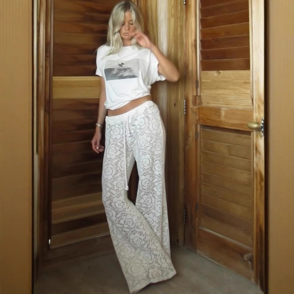 Women's Pants Wide Legs – Elegant Fit – Lace Texture – Semi Transparent – Full Length