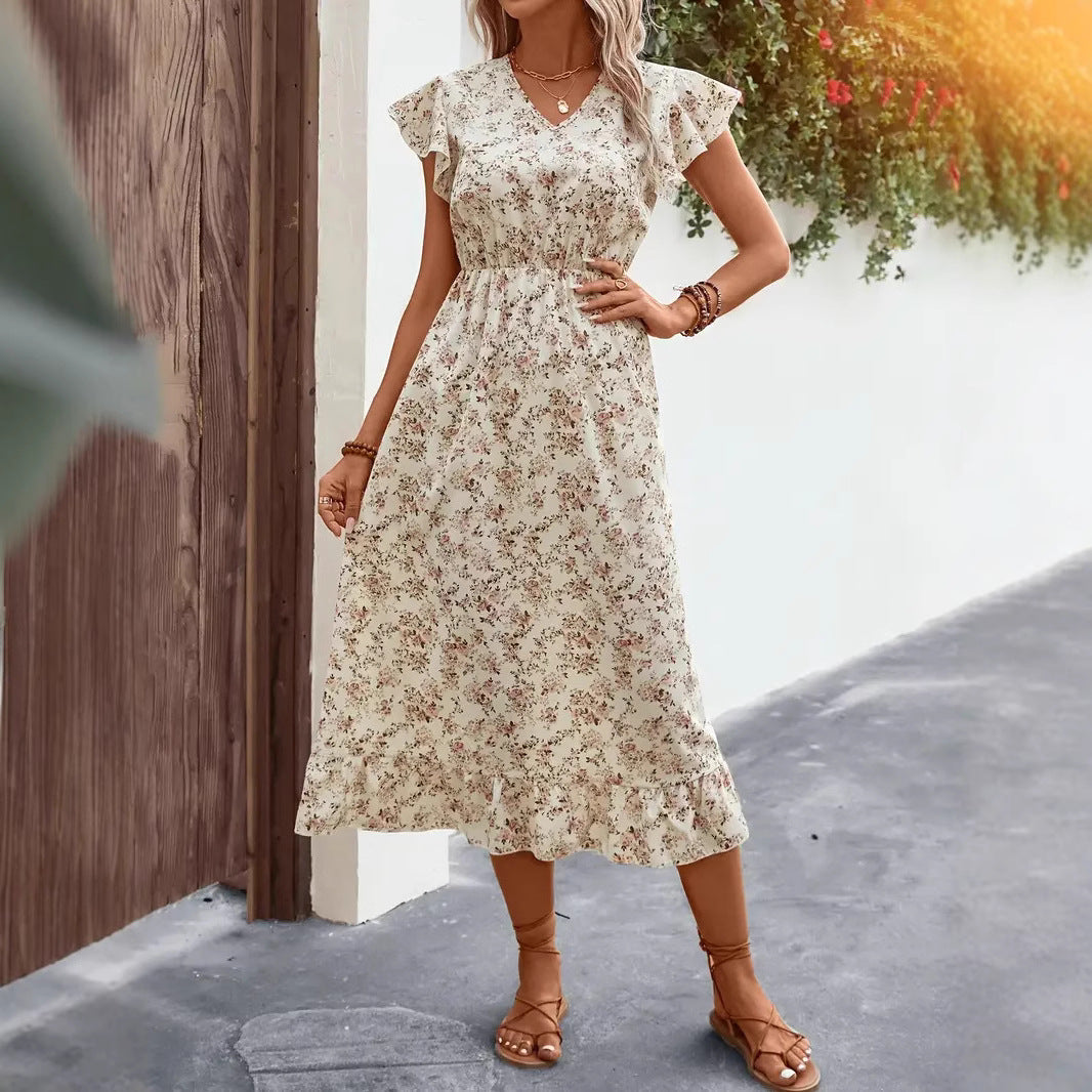 Women's midi dress – V-neck – Butterfly sleeves – Ruffled hem – Relaxed fit