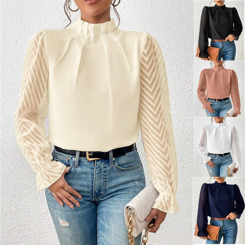 Dames Blouse - Hoge Rufflekraag - Plissé Voorzijde - Transparante Chevron Mouwen