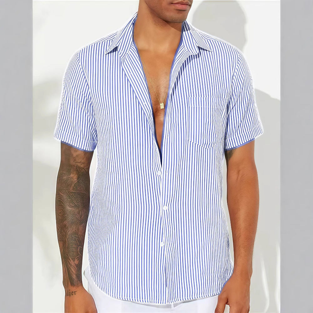Men's Shirt – Relaxed Fit – Breathable Material – Short Sleeve – Vertical Stripes