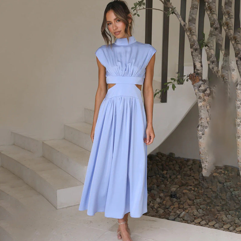 Women's Midi Dress – Elegant Fit – Pleated Neckline – Cut-Out Waist – Breathable Fabric