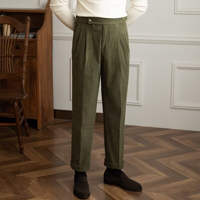 Men's Trousers – High Waist – Straight Fit – Pleated – Turned Up Hems – Full Length