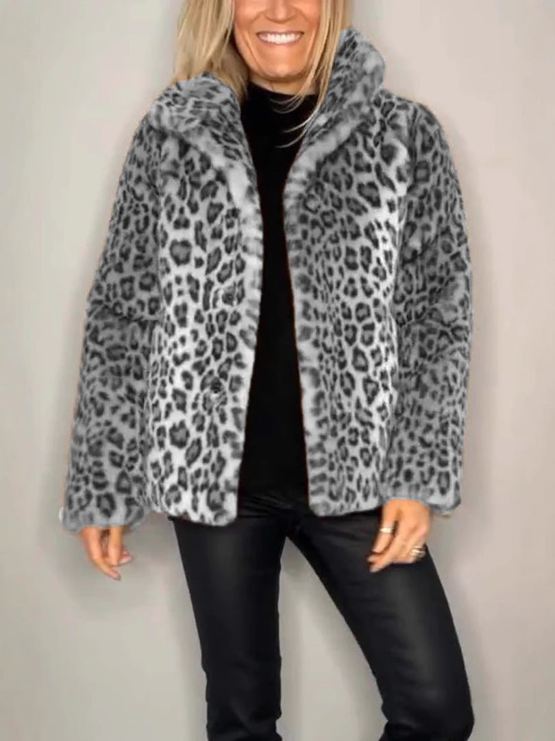 Ladies Coat – Faux Fur – Oversized Fit – Notched Collar – Leopard Print