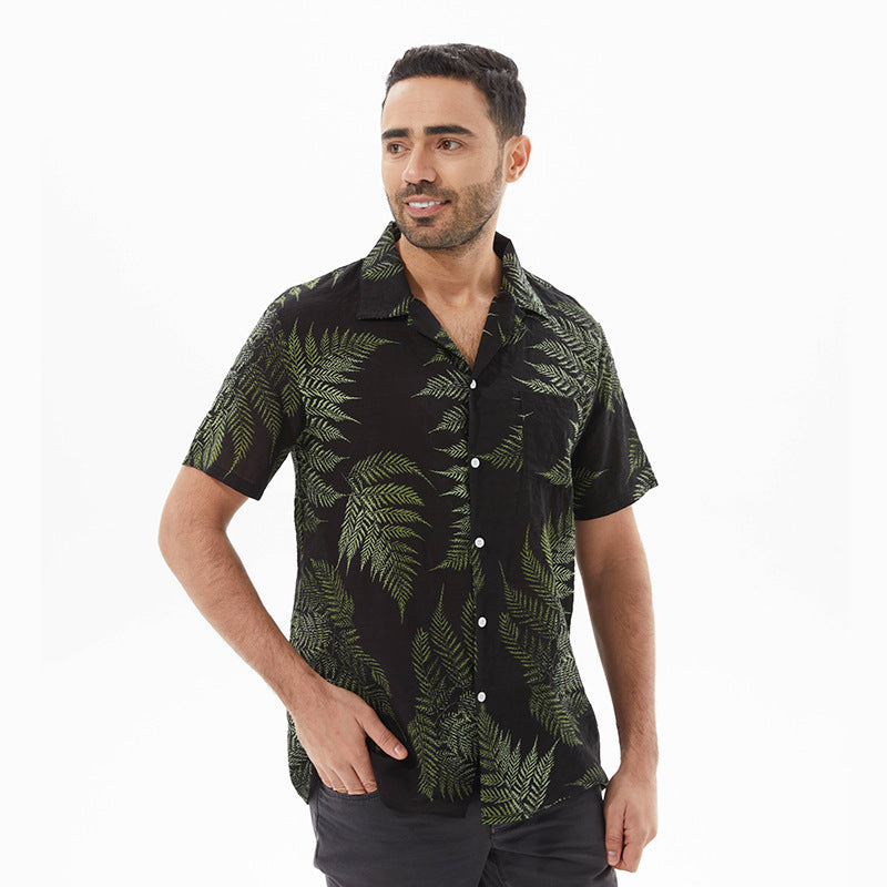 Men's Shirt Short Sleeve – Relaxed Fit – Linenlook – Leafprint – Breathable