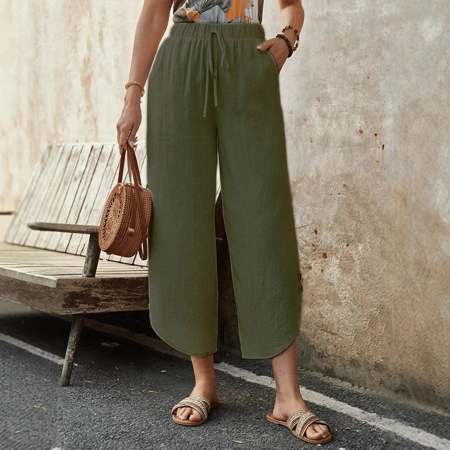 Women's Culotte Pants – High Waist – Wide Legs – Breathable Fabric – Drawstring Waistband