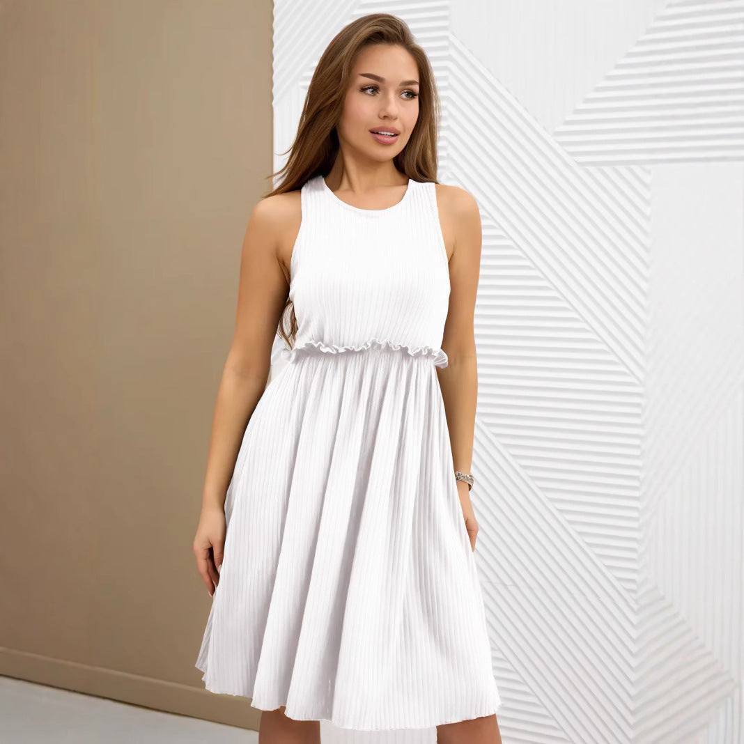 Ladies Midi Dress – Sleeveless A-line Model – V-neck – Button Closure – Waist Belt