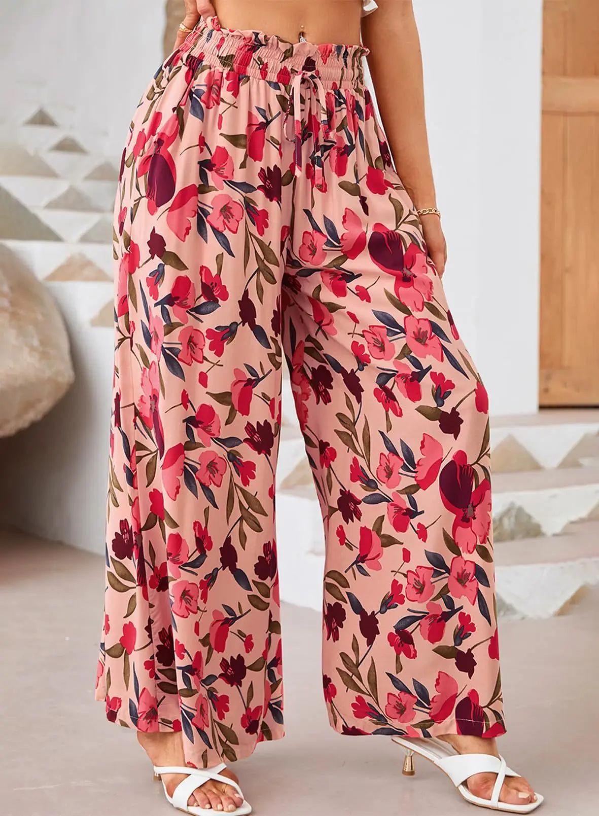 Ladies Pants – Wide Legs – Chiffon – High Waist – Floral Print – Drawstring Waistband – Full Length