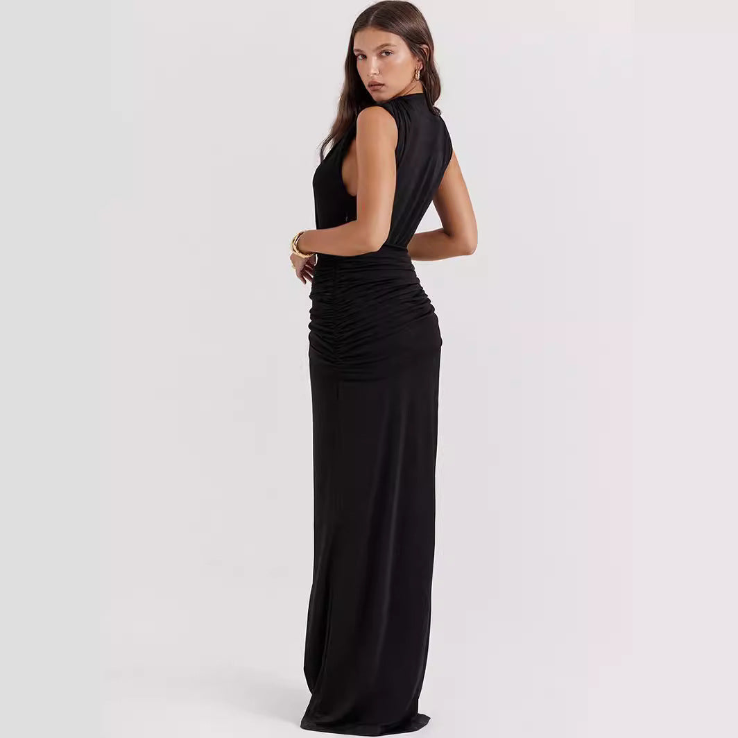 Ladies Evening Dress – Bodycon Fit – Deep V-Neck – High Split – Sleeveless – Ruched Waist