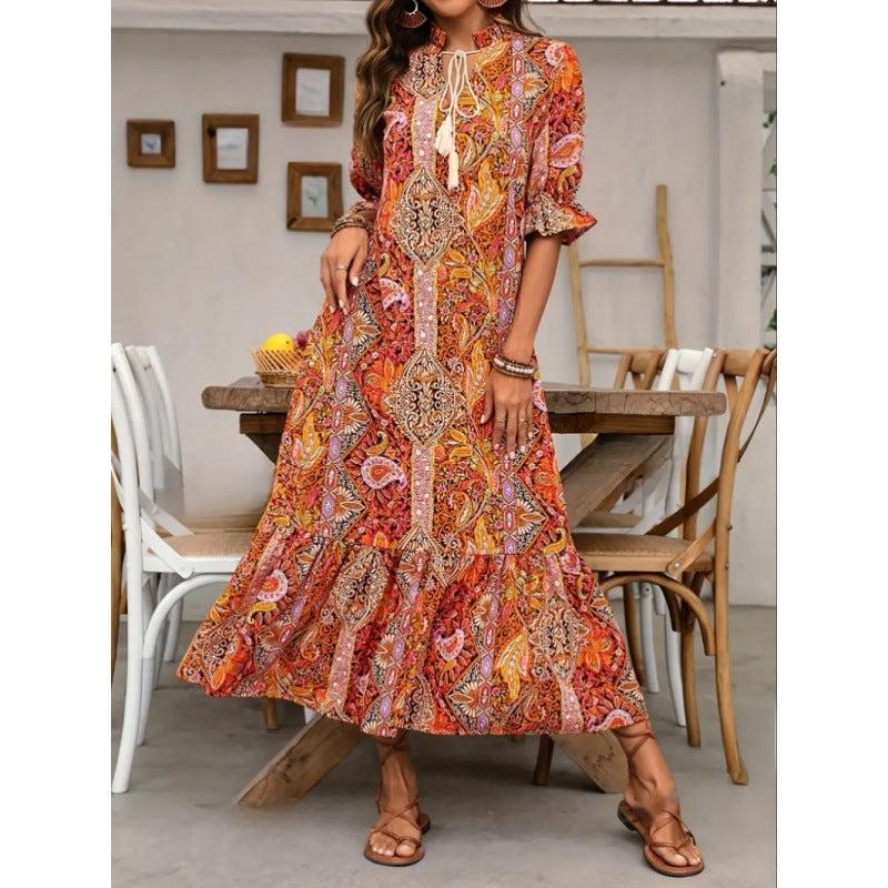 Ladies midi dress – Relaxed fit – Ruffled sleeves – Boho print – Tie neckline