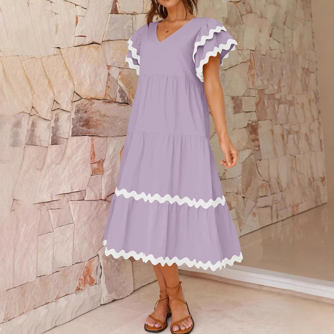 Women's Midi Dress – V-Neck – Loose-Fitting Style – Tiered Skirt – Airy Fabric