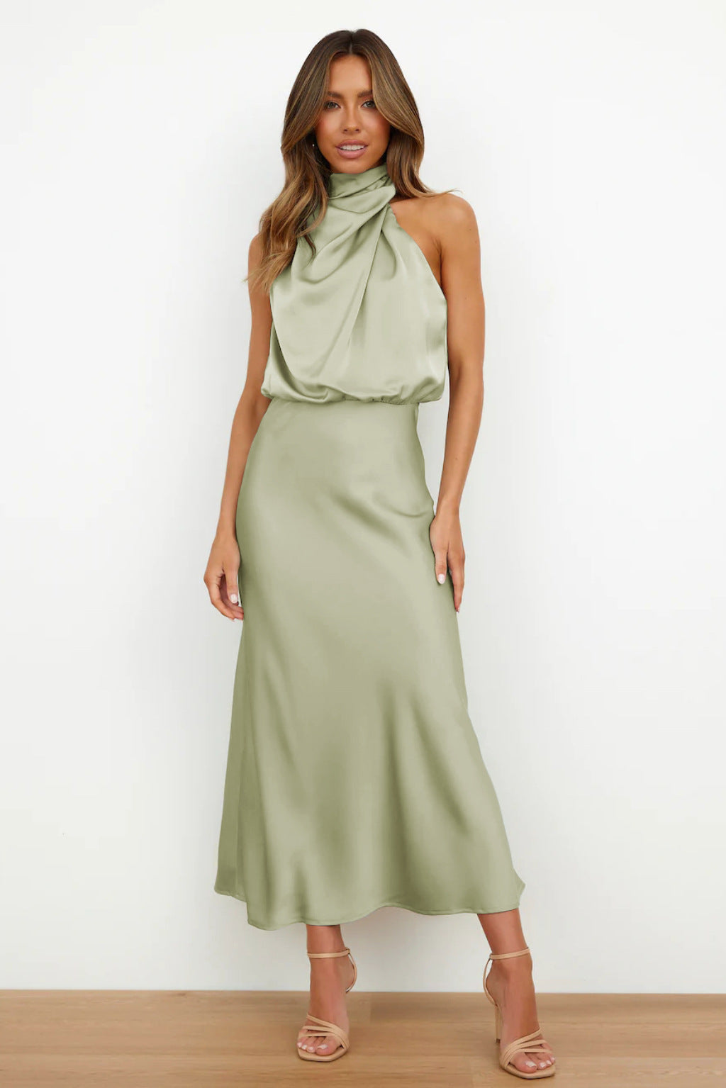 Ladies Halter Dress – Satin Look – Sleeveless – Elegant Draping – Maxi Length