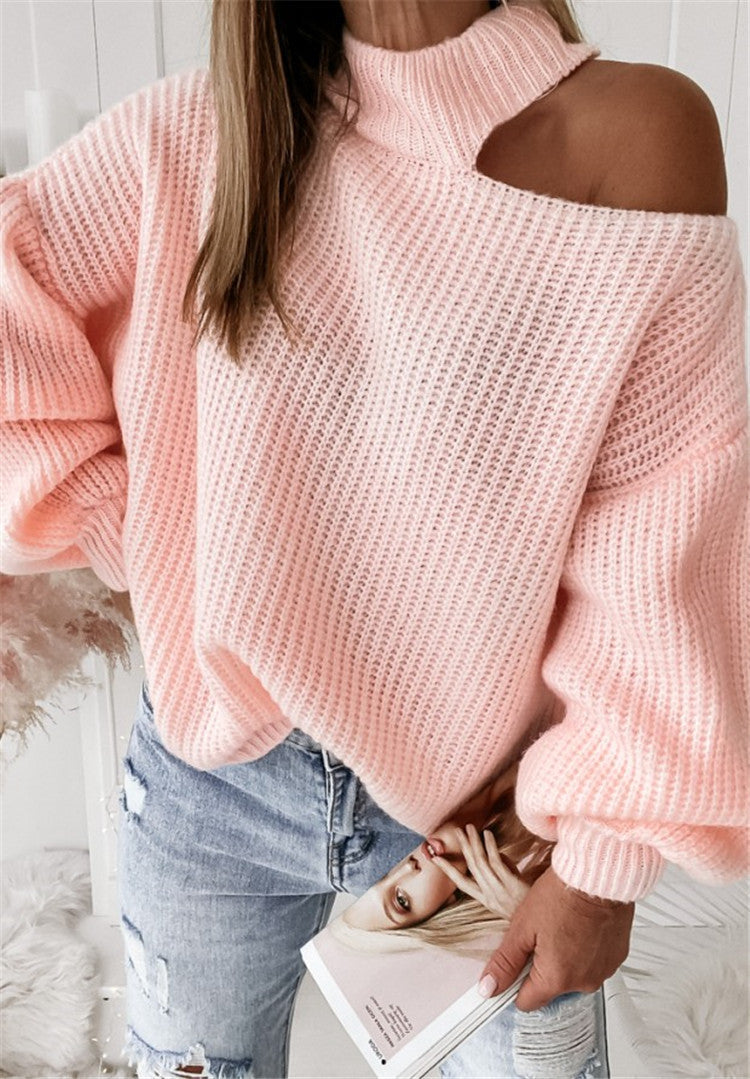 Women's Knitted Sweater – Oversized Fit – Open Shoulder – High-Neck Ribbed Design