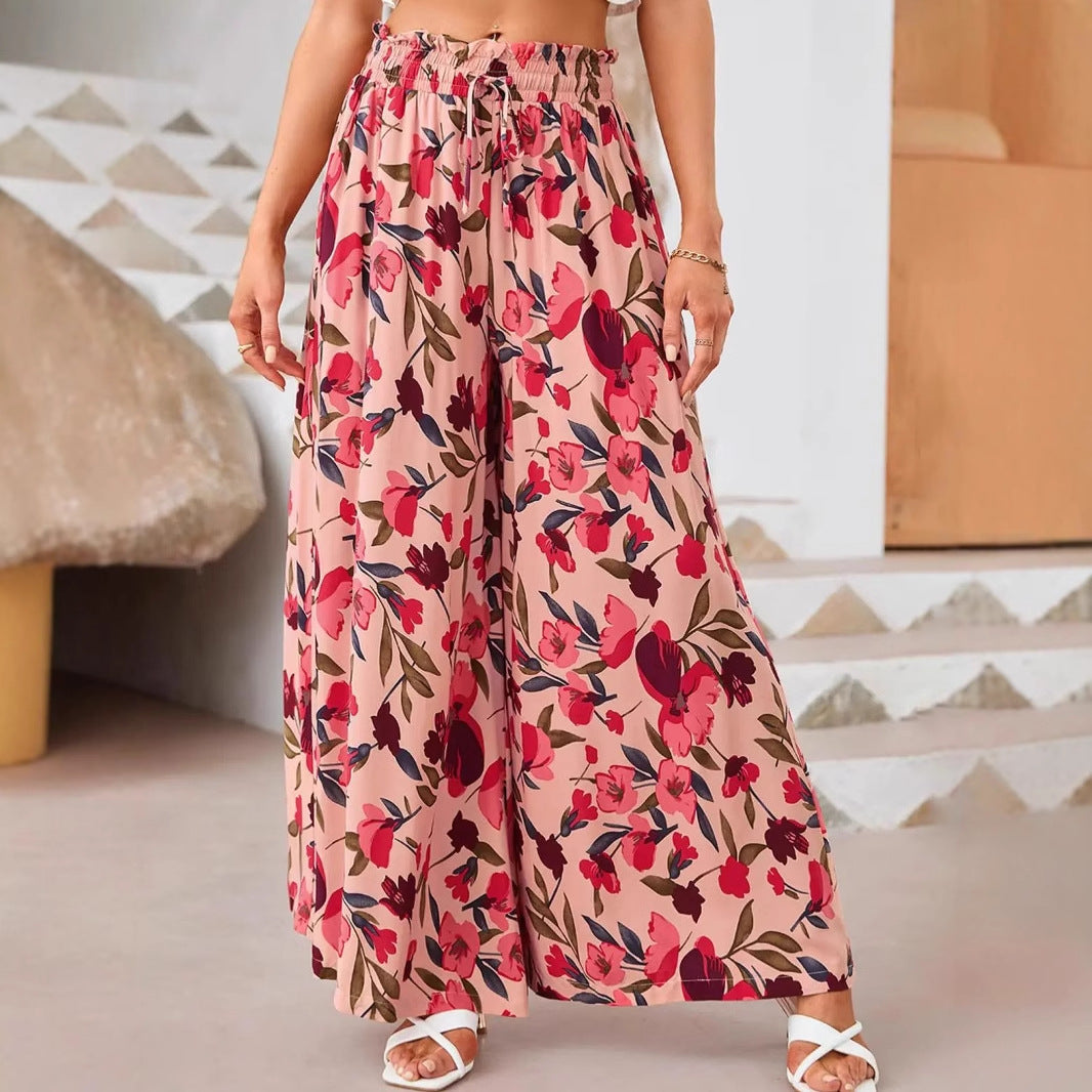 Ladies Pants – Wide Legs – Chiffon – High Waist – Floral Print – Drawstring Waistband – Full Length