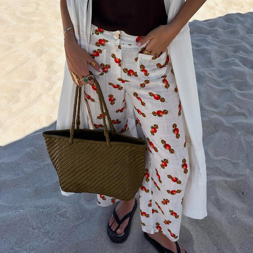 Women's Trousers – Relaxed Fit – Straight Legs – Breathable Fabric – Statement Print