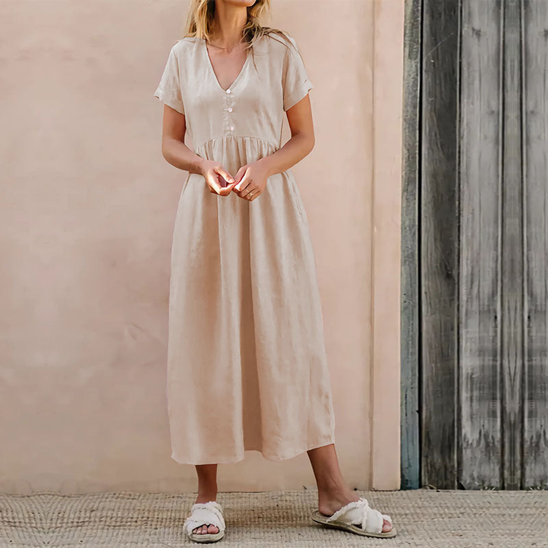 Women's Midi Dress – Loose Fit – Linen Cotton – V-Neck – Button Detail – Short Sleeve