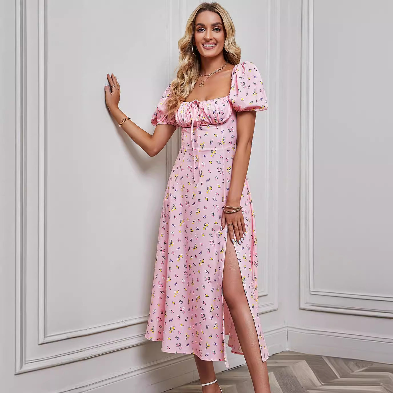 Ladies Midi Dress – A-line Fit – Floral Print – Bow Detail – Puff Sleeves – Front Split