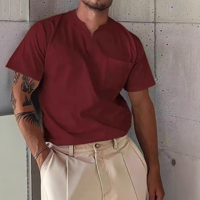 Men's V-neck T-shirt – Slim Fit – Chest Pocket – Breathable Natural Textile