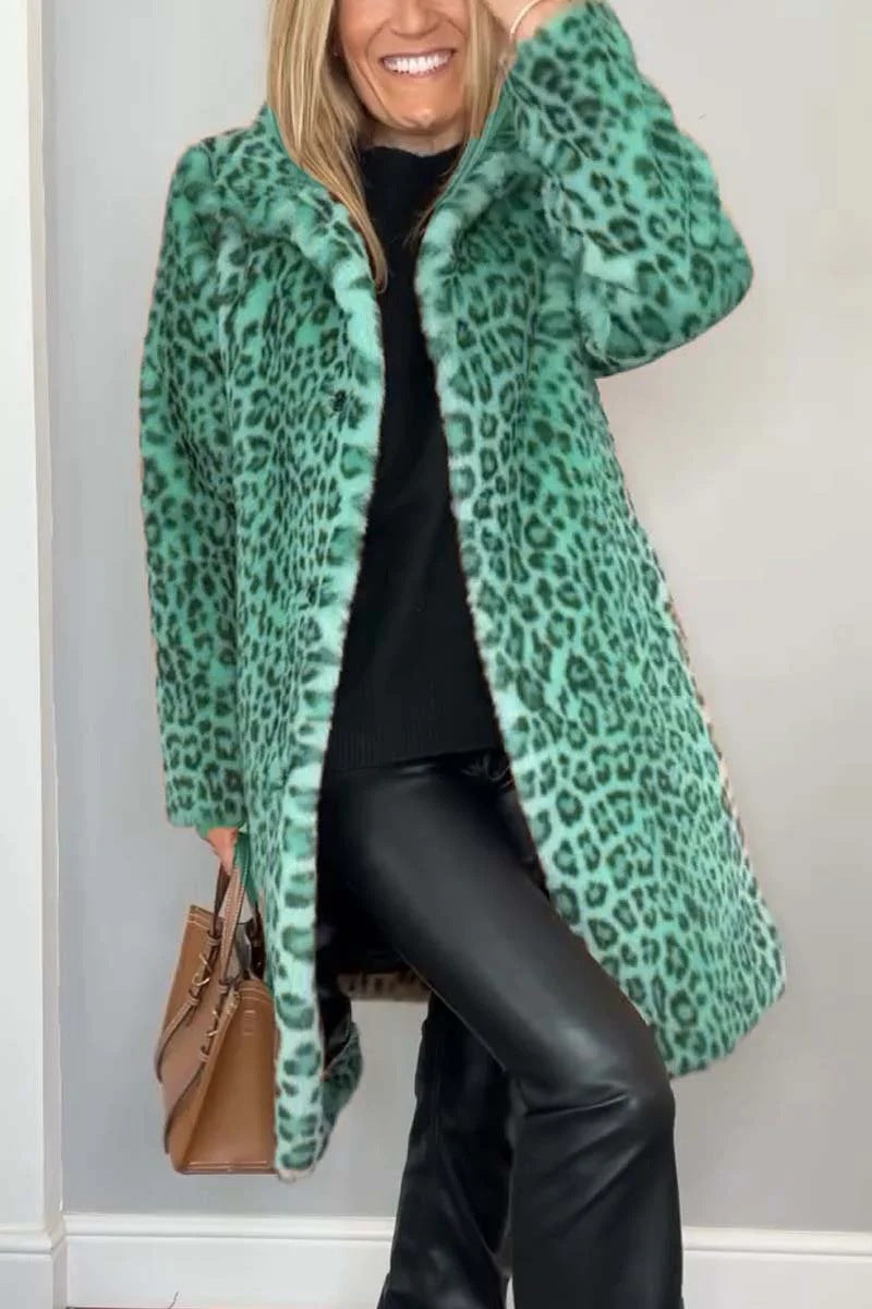 Ladies Coat – Faux Fur – Oversized Fit – Notched Collar – Leopard Print