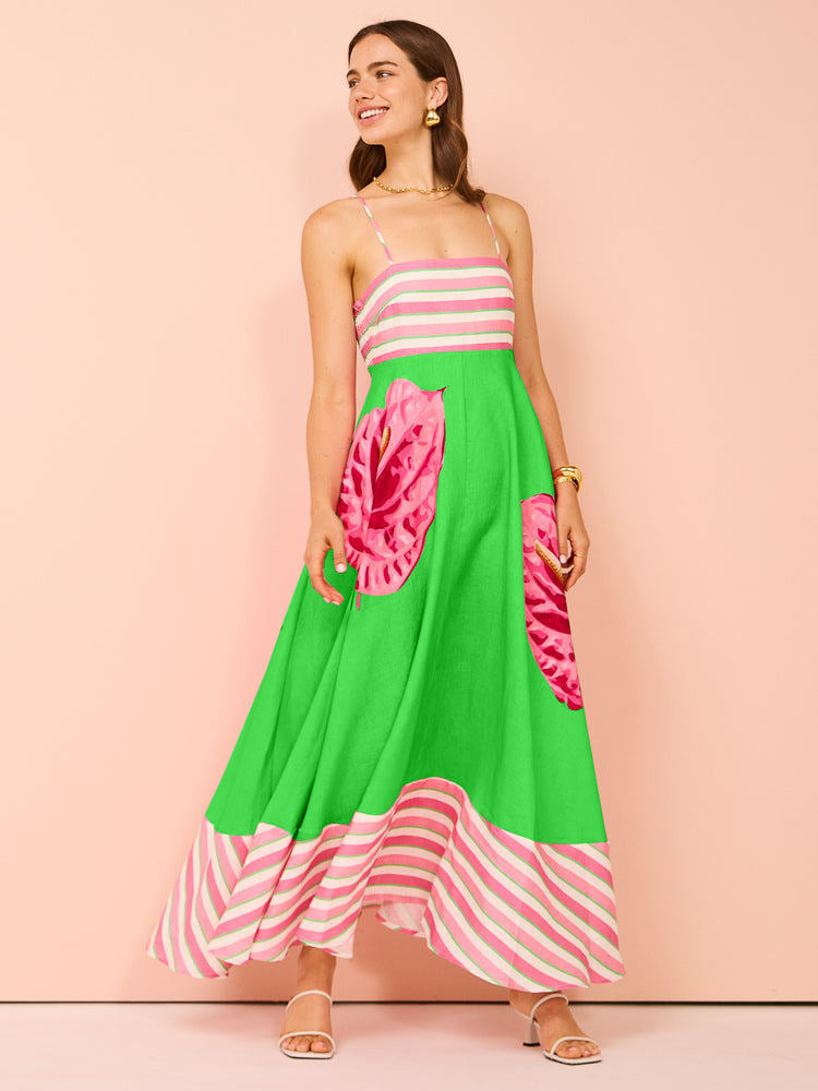 Ladies midi dress – A-line fit – Smocked bodice – Spaghetti straps – Airy cotton