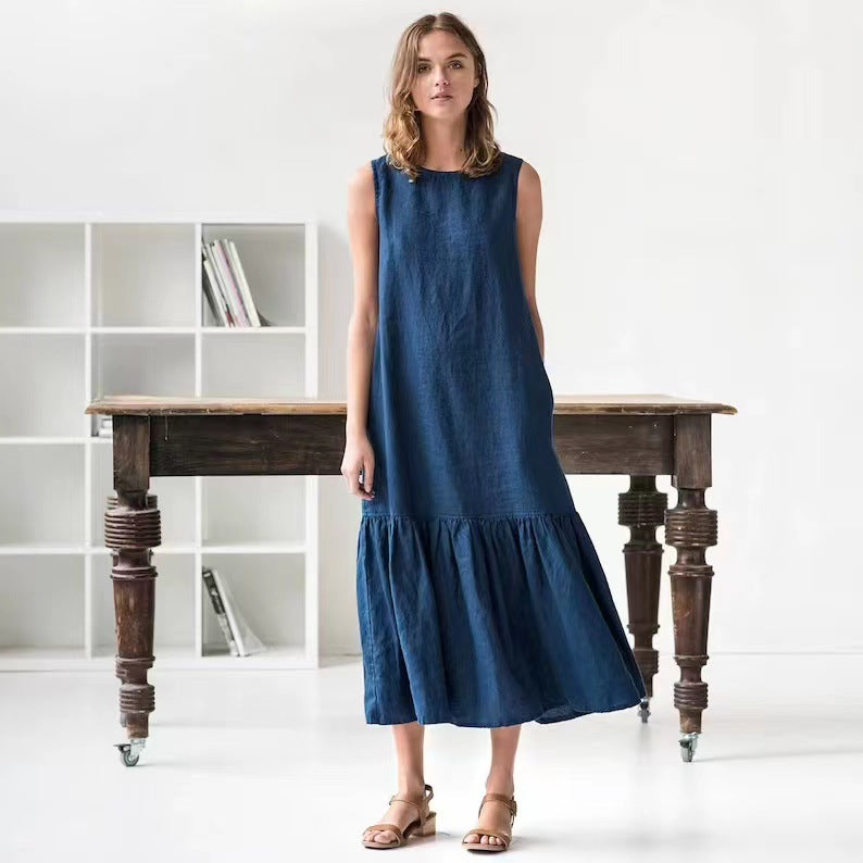 Ladies midi dress – Linenmix – Sleeveless – Loose fitting – Ruffledhem – Casual style