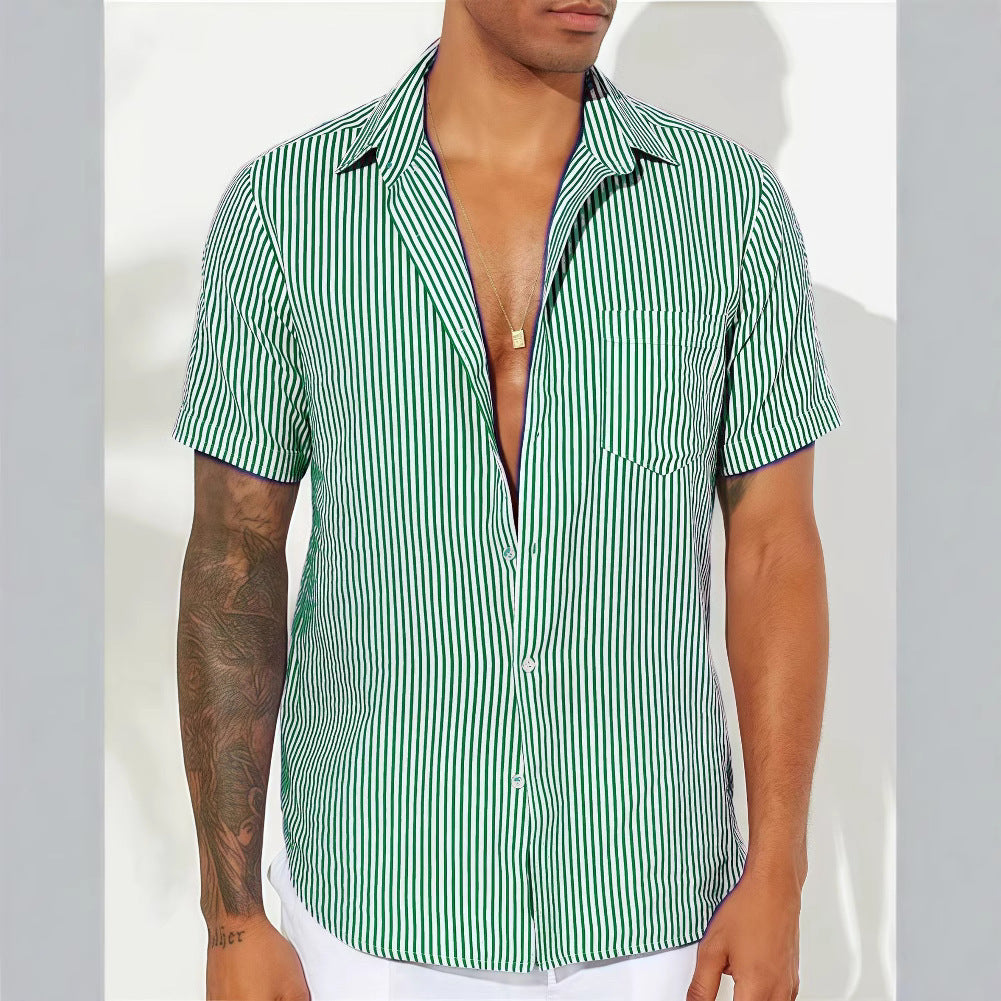 Men's Shirt – Relaxed Fit – Breathable Material – Short Sleeve – Vertical Stripes