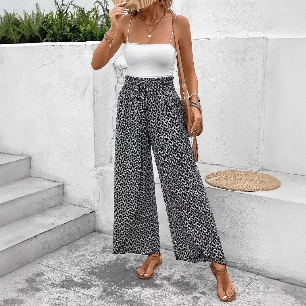 Women's Trousers – Wide Legs – Relaxed Fit – Floral Print – Side Slits – Breathable Fabric