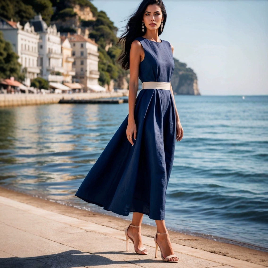 Ladies Midi Dress – Sleeveless Fit and Flare – Waist Ribbing – Airy Natural Fabric