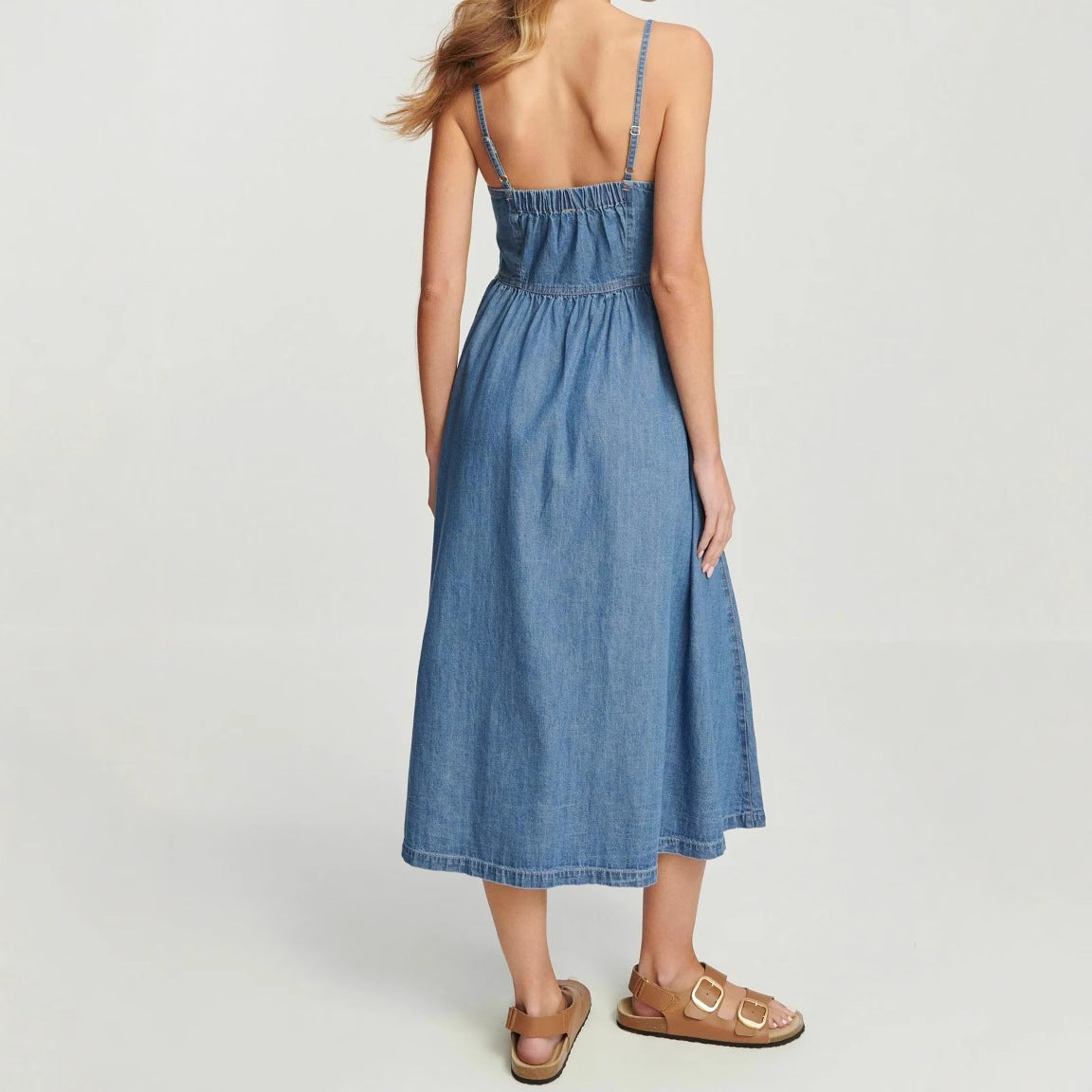 Ladies midi dress – Denim – A-line fit – Adjustable straps – Elastic back