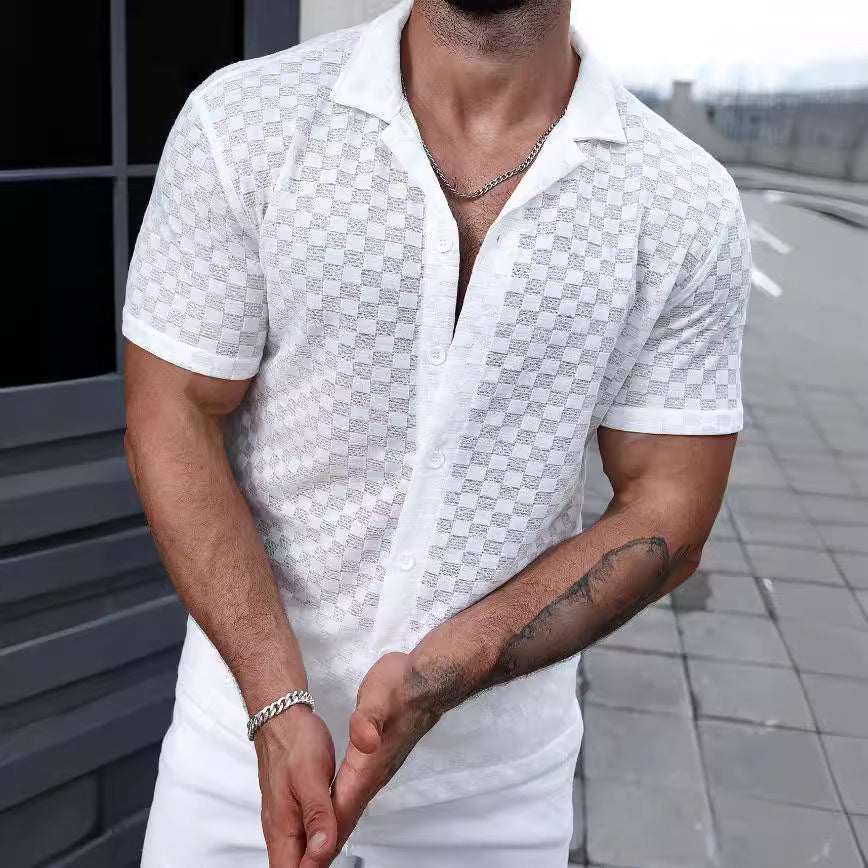 Men's knitted shirt – Relaxed fit – Short sleeve – Button closure – Lace detail
