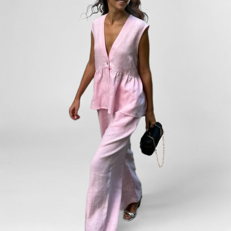 Women's Suit Set – Linen Look – V-Neck Sleeveless Gilet – High Waist Wide Legs