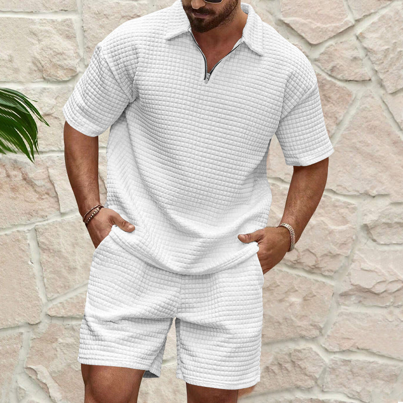 Men's Set – Relaxed Fit – Breathable Waffle Texture – Short Sleeves & Shorts
