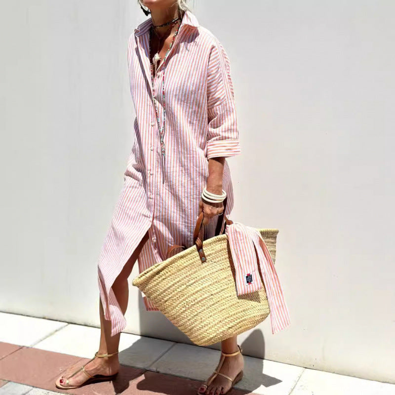 Women's Shirt Dress – Relaxed Fit – Breathable Fabric – Striped – Button Closure – Side Slits