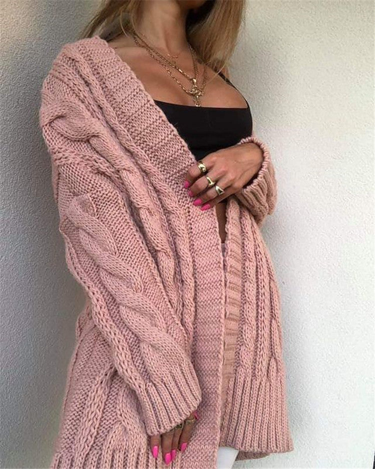 Women's Knitted Sweater – Oversized Fit – Wool Mix – Cable Pattern – V-neck – Long Sleeves
