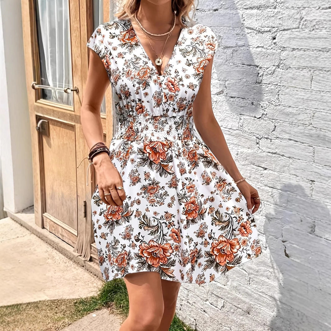 Women's A-line dress – Deep V-neck – Flutter sleeves – Smocked waist – Breathable design