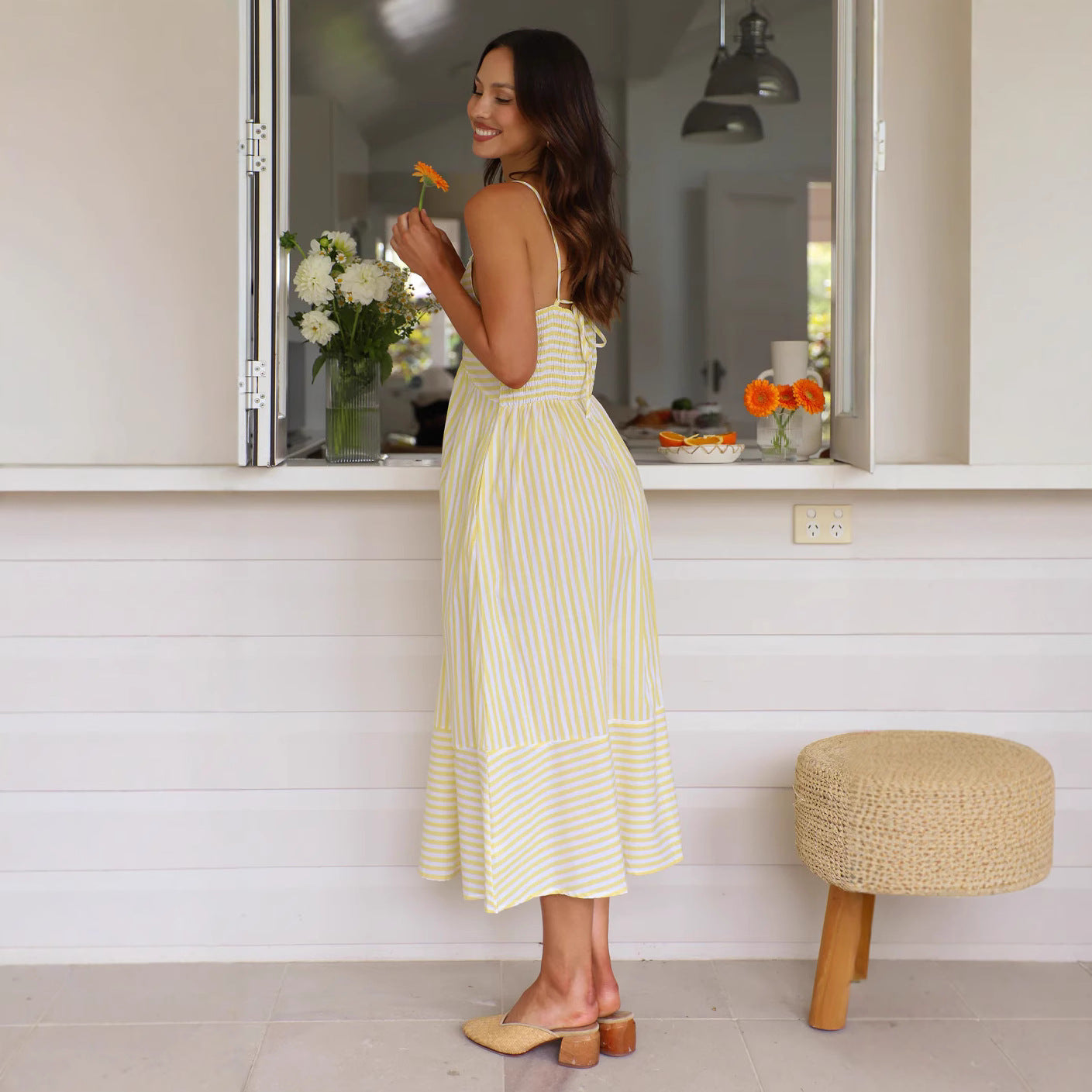 Women's Midi Dress – Striped – V-Neck – Spaghetti Straps – Button Detail – Airy Cotton