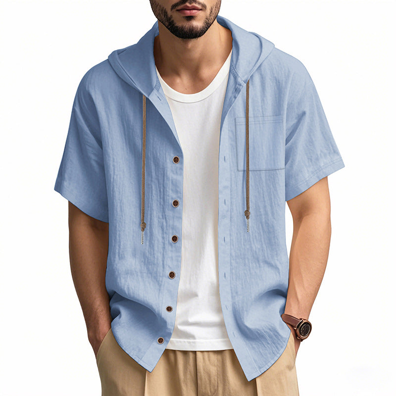 Men's Hooded Shirt – Linen Blend – Relaxed Fit – Short Sleeve – Button Closure Casual