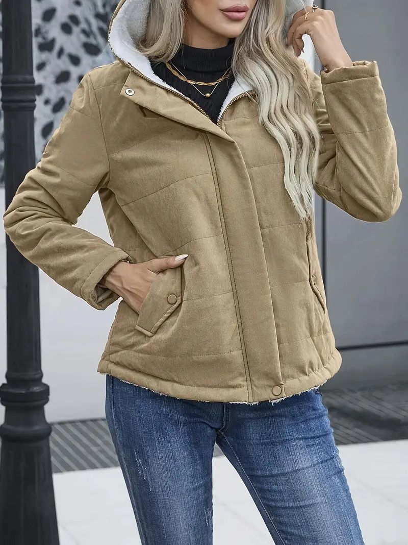 Women's Short Coat – Quilted – Regular Fit – Fleece Lining – Hood – Zipper Closure