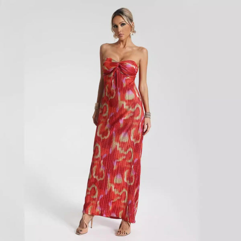 Women's Maxi Dress – Strapless – Slim Fit – Pleated Fabric – Abstract Print – Elegant