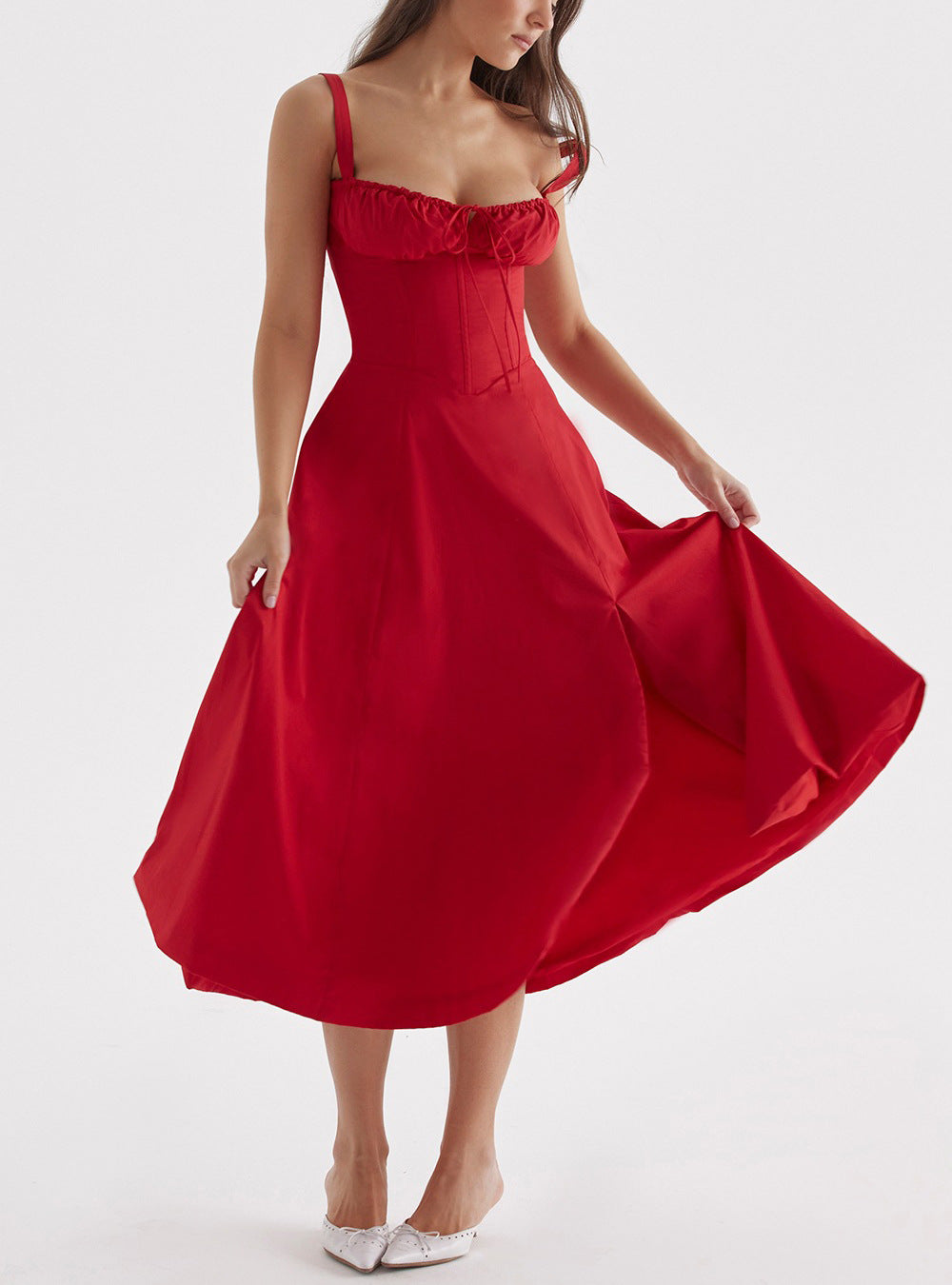 Ladies midi dress – A-line fit – Sleeveless – Floral print – Bow at bustline