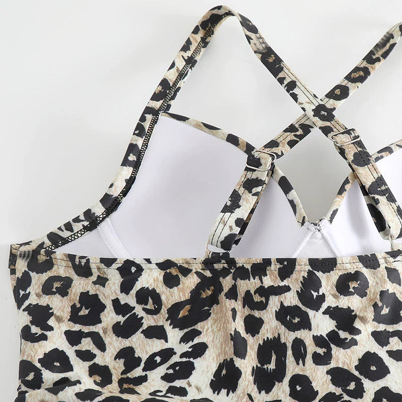Women’s Tankini Set – Leopard Print Top with Ruched Sides – Cross-Back– Tie Bikini Bottom