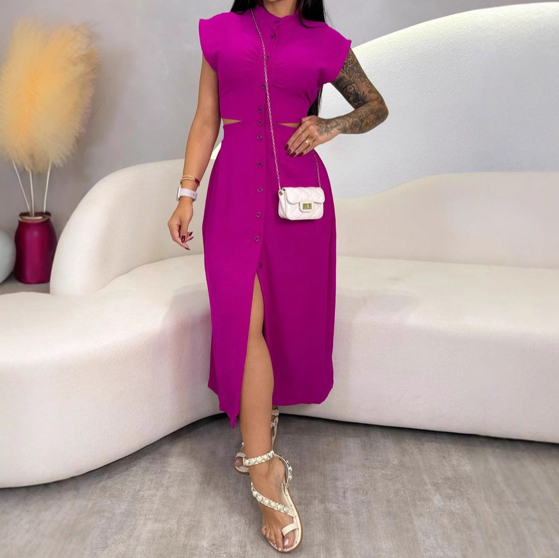 Women's Midi Dress – Slim Fit – Sleeveless – Cut-Out Waist – Button Closure – Turtleneck Collar