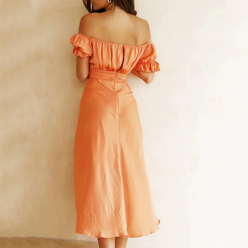 Ladies Midi Dress – Off-Shoulder – A-Line – Ruffled Waist – Ruffle Sleeves – Cotton Mix